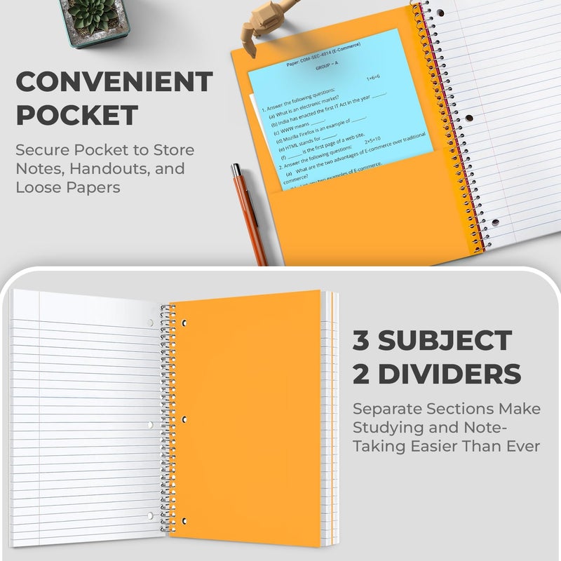 Rosmonde 3 Subject Notebook College Ruled, 6 Pack, 150 Sheets(300 Pages), No-Bleed Paper, 3 Hole Punched, 8x10-1/2, 3 Subject Spiral Notebook for School, Home & Office, Assorted Colors - Image 3